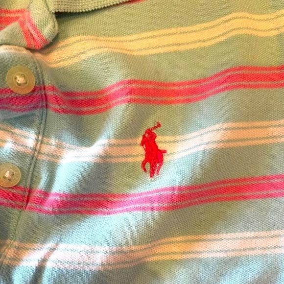 Ralph Lauren Ladies Polo Shirt‎ Medium Pink White Striped Slim Fit Like New - Picture 3 of 4